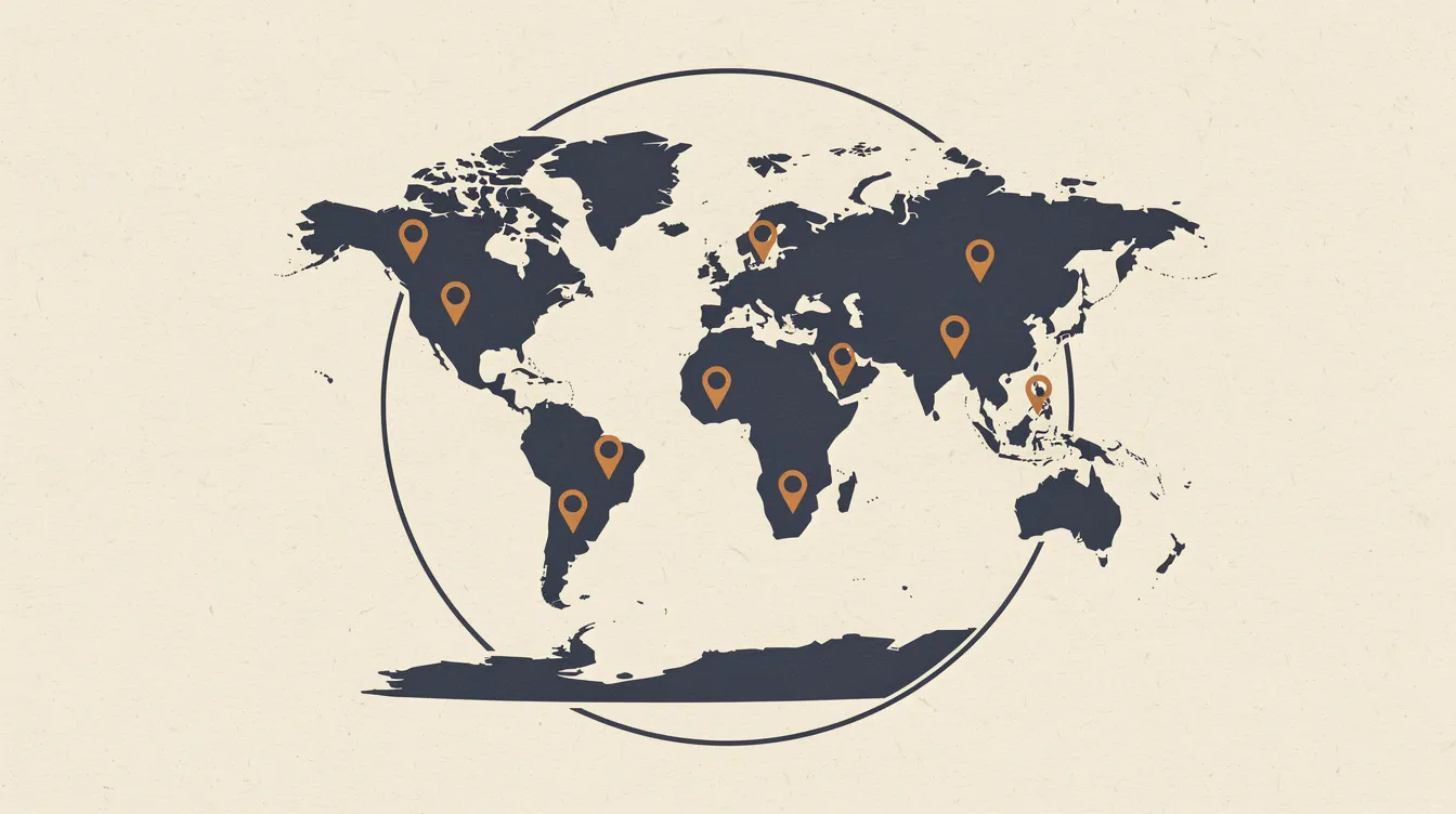 Editorial illustration of a stylized world map with pin markers, suggesting a globe