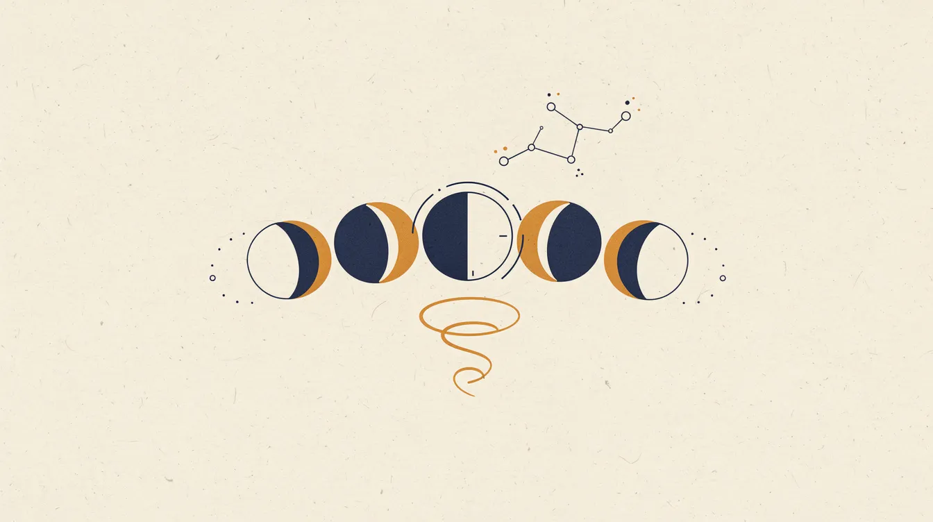 Editorial illustration of moon phases in a horizontal arc with constellation
