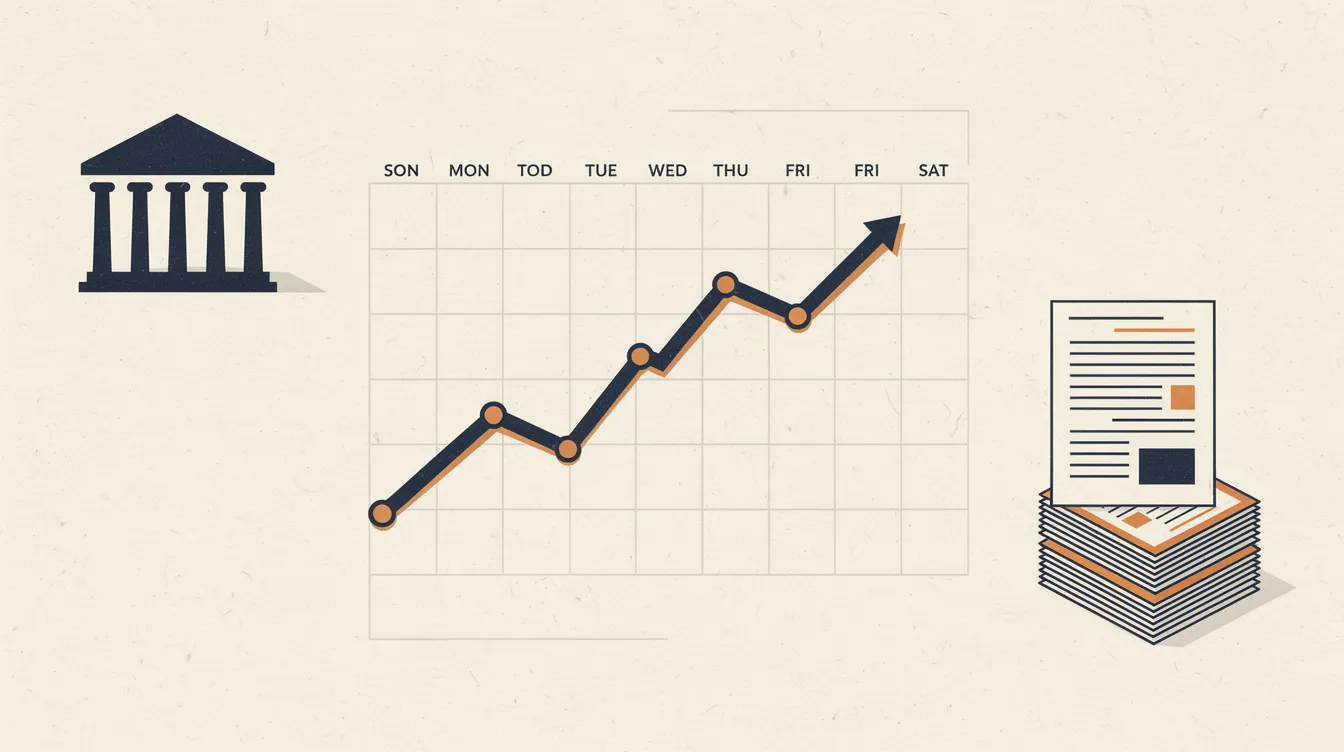 Editorial illustration of a rising line chart on a calendar grid with a Federal Reserve building and tax documents