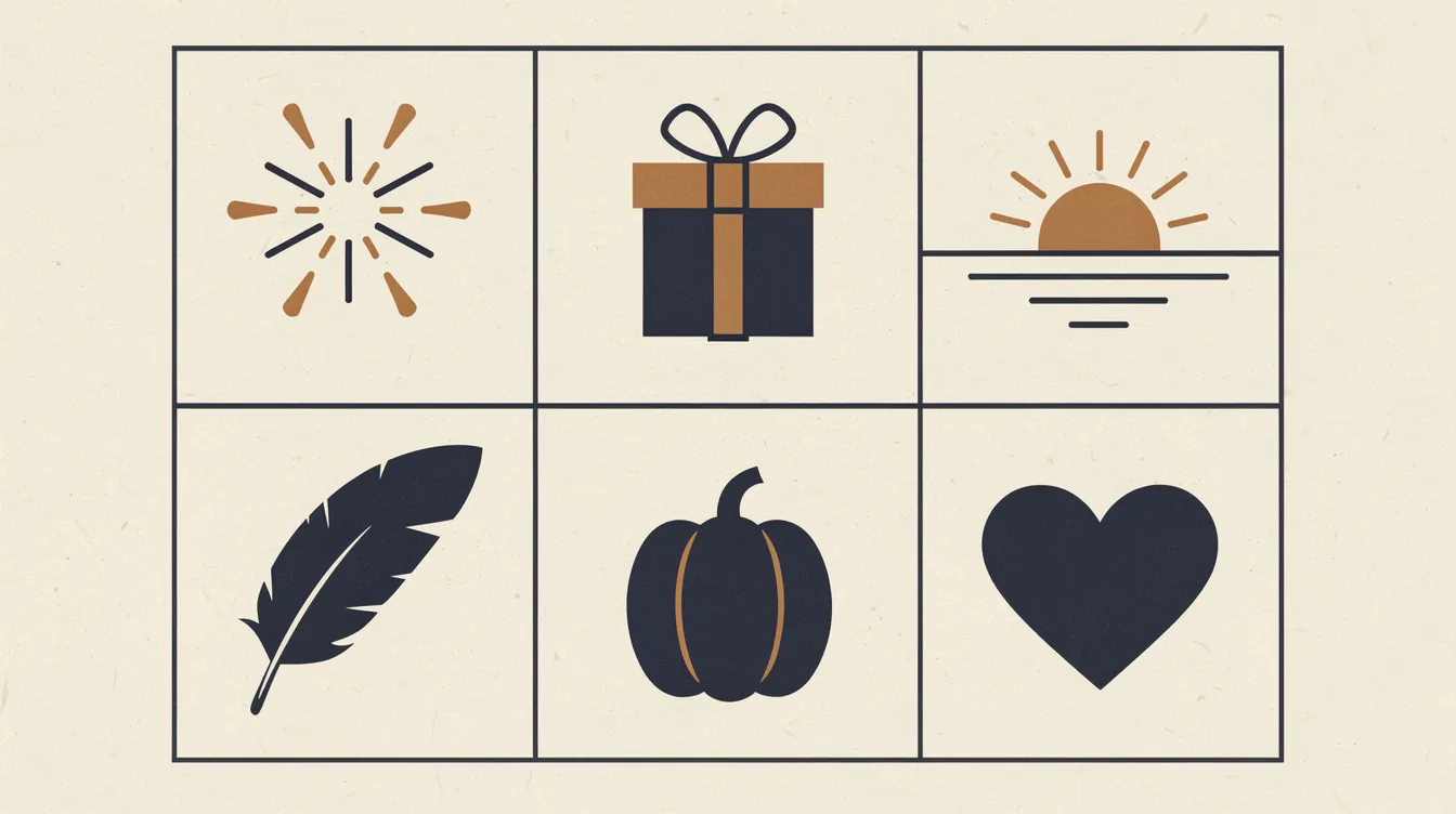 Editorial illustration of seasonal symbols — firework, gift, sunrise, feather, pumpkin, heart
