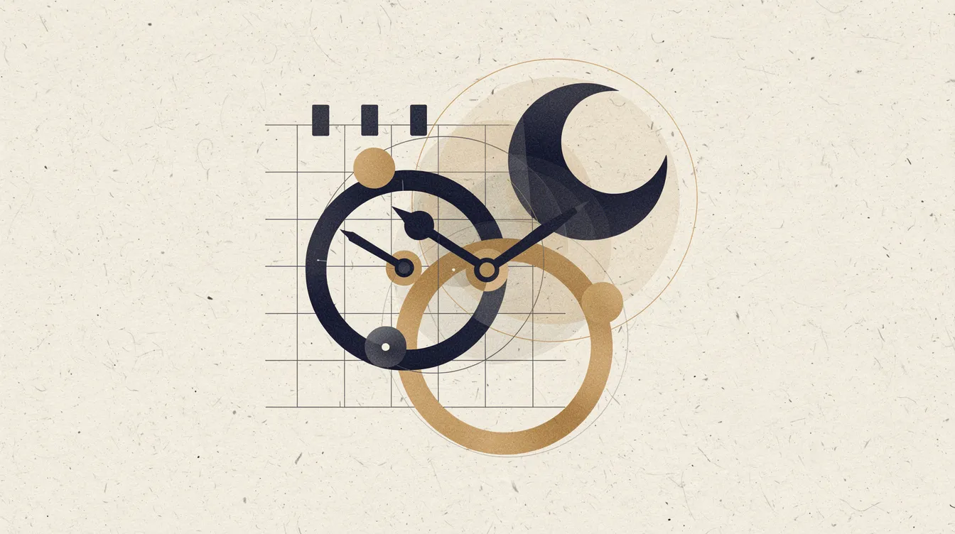 Abstract editorial illustration combining a calendar grid, clock hands, and a crescent moon