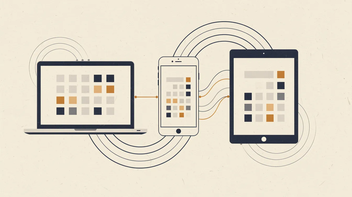 Editorial illustration of laptop, phone, and tablet showing calendar grids linked by curved sync lines
