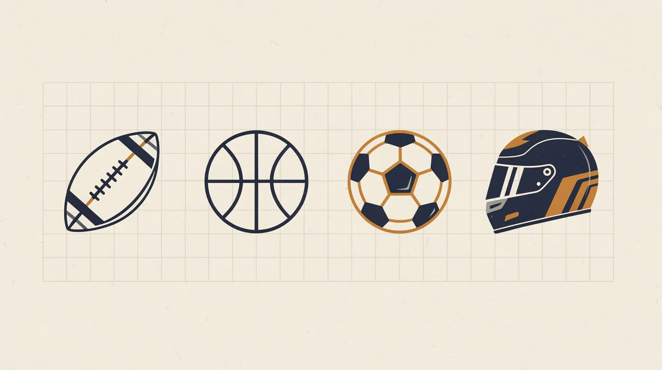 Editorial illustration of sports equipment as geometric icons on a fixture grid