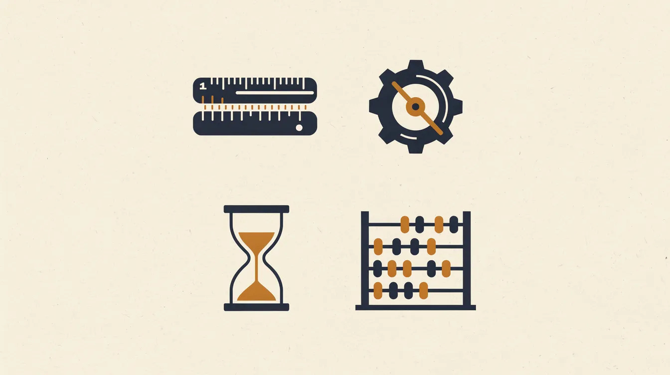Editorial illustration of measurement and calculation tools — ruler, gear, hourglass, abacus