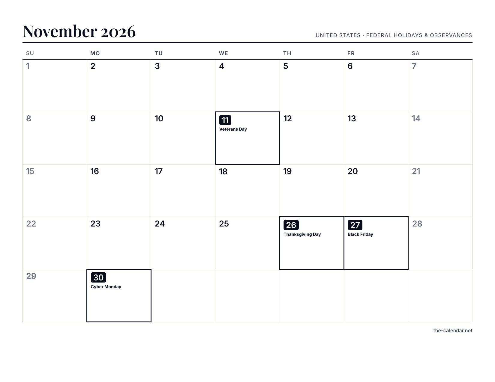 Preview of the November 2026 calendar PDF: Sunday-start month grid with US holidays marked, US Letter landscape