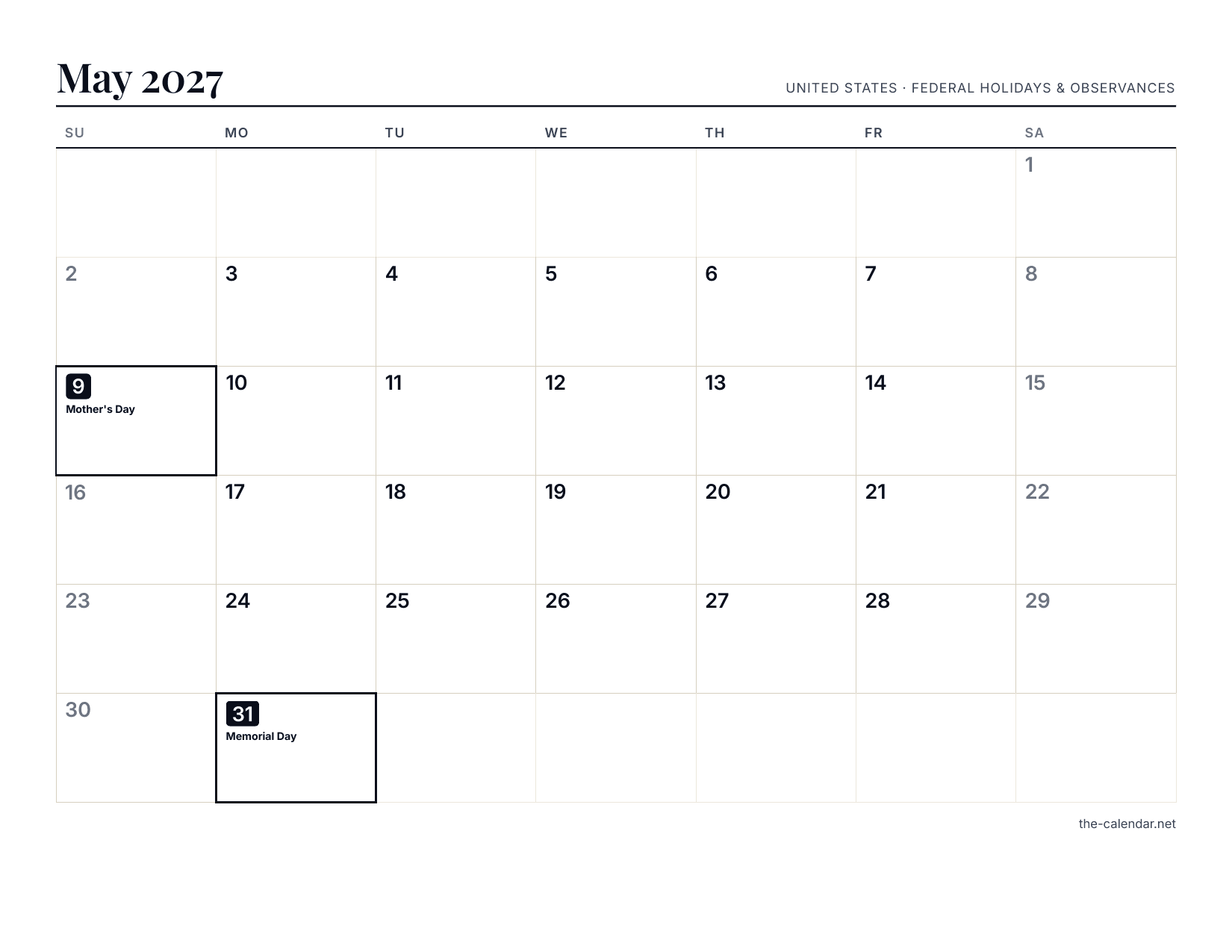 Preview of the May 2027 calendar PDF: Sunday-start month grid with US holidays marked, US Letter landscape