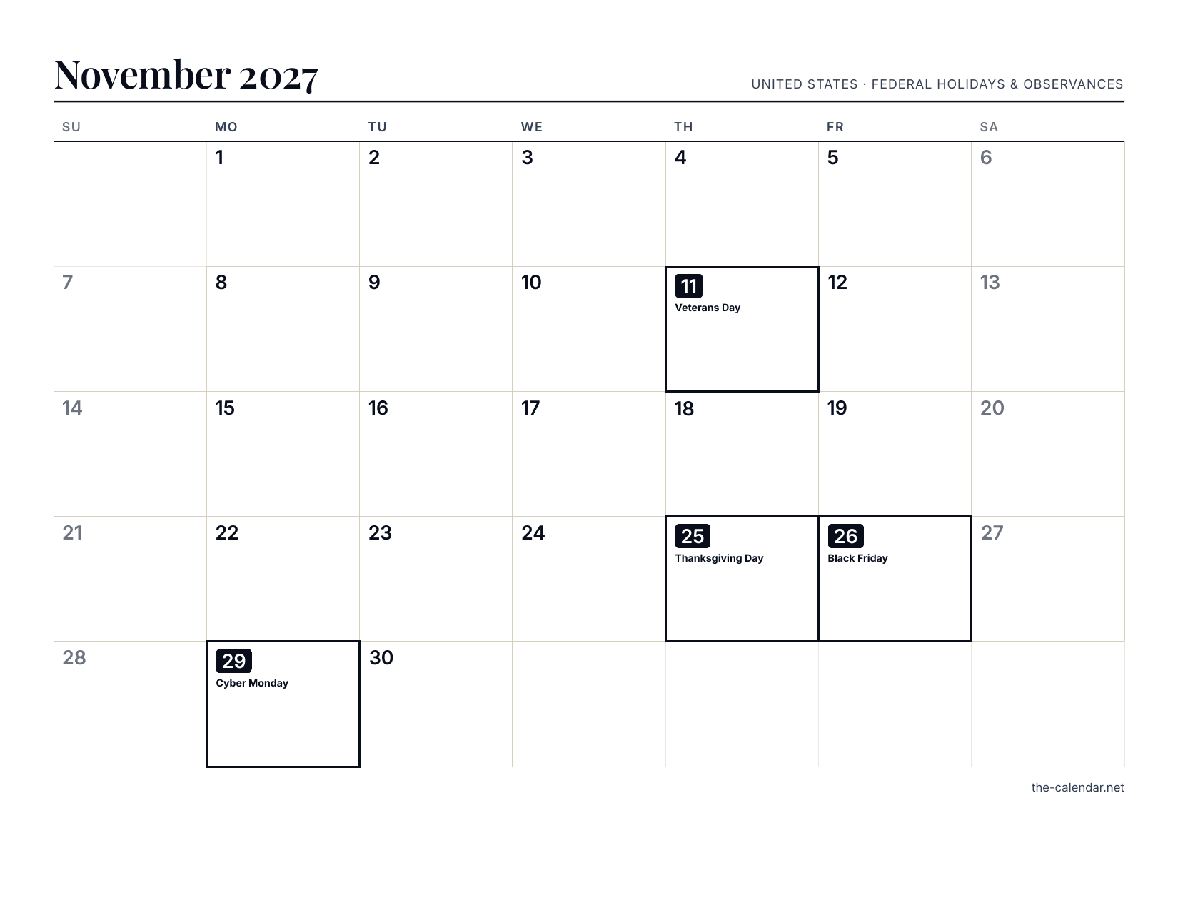 Preview of the November 2027 calendar PDF: Sunday-start month grid with US holidays marked, US Letter landscape