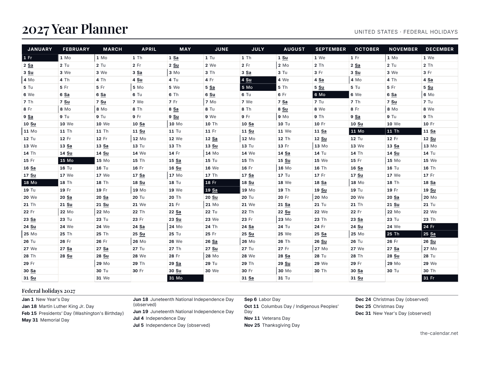 Preview of the 2027 year planner PDF: 31 rows by 12 months with US federal holidays marked, US Letter landscape