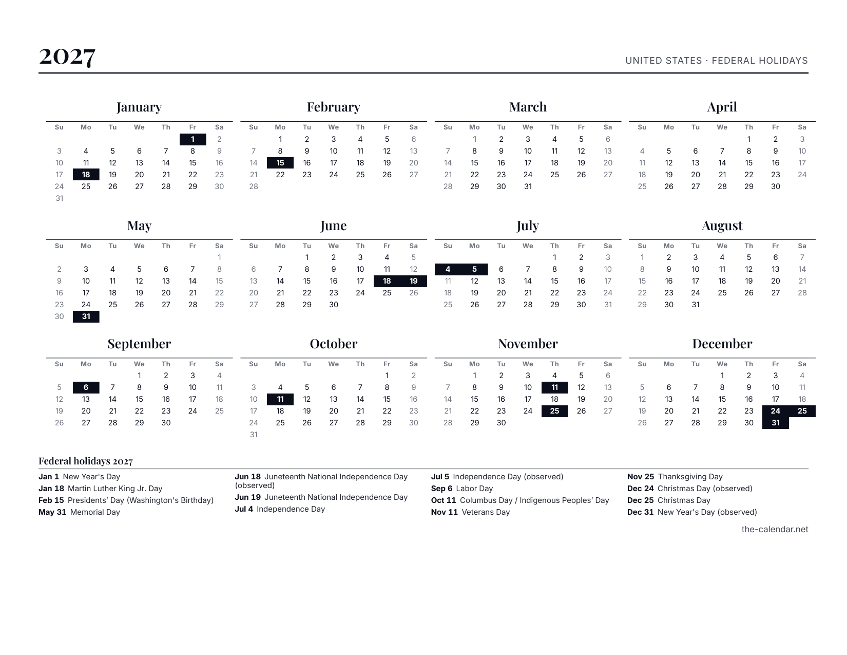 Preview of the 2027 calendar PDF: twelve month grids with US federal holidays marked, US Letter landscape