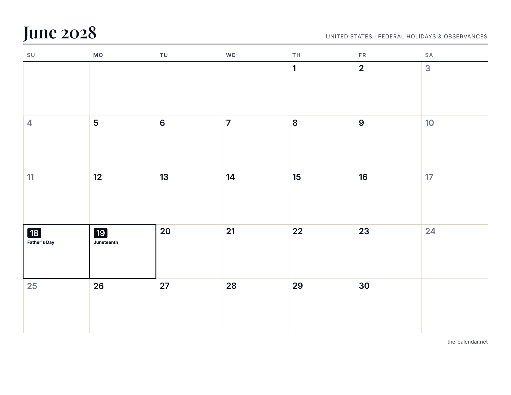 Preview of the June 2028 calendar PDF: Sunday-start month grid with US holidays marked, US Letter landscape