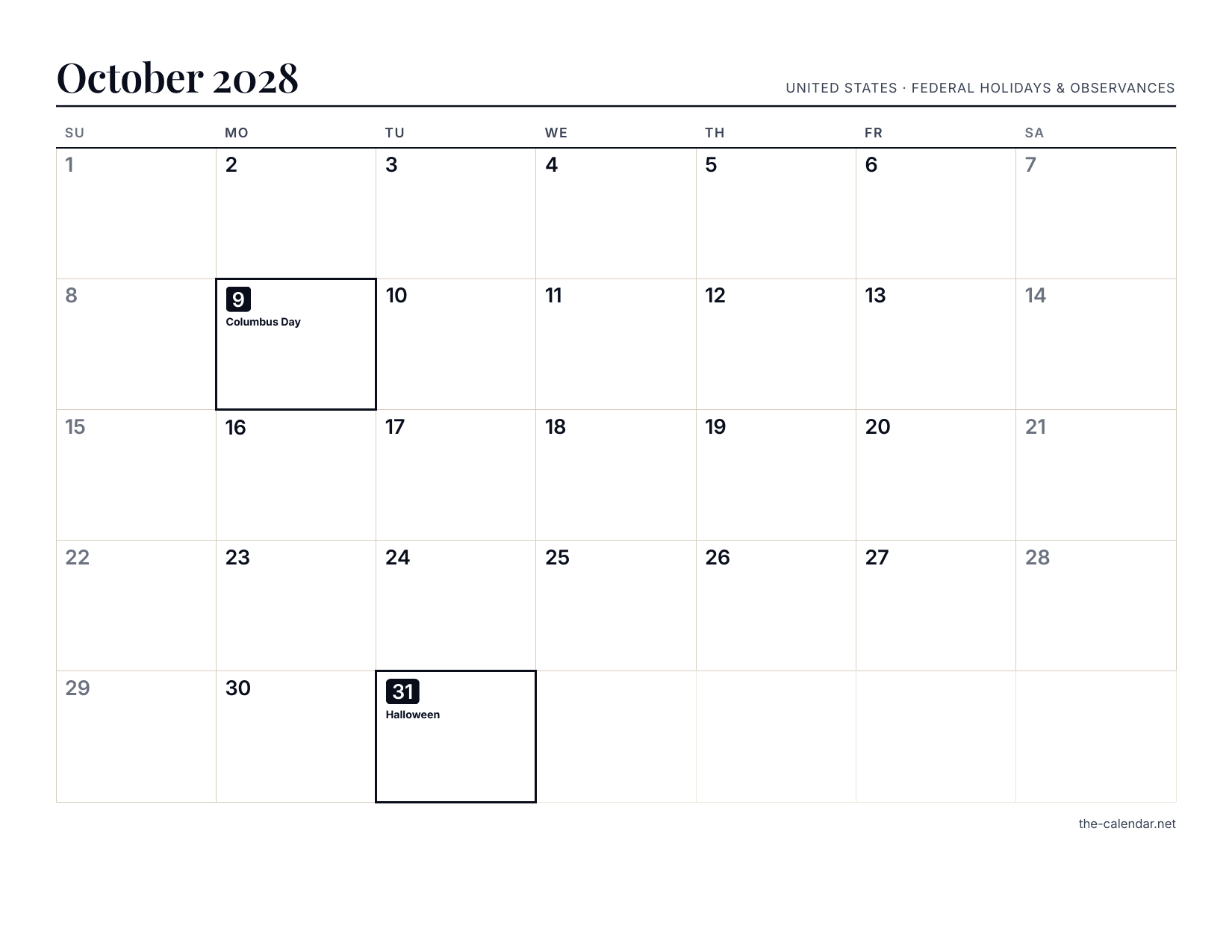 Preview of the October 2028 calendar PDF: Sunday-start month grid with US holidays marked, US Letter landscape