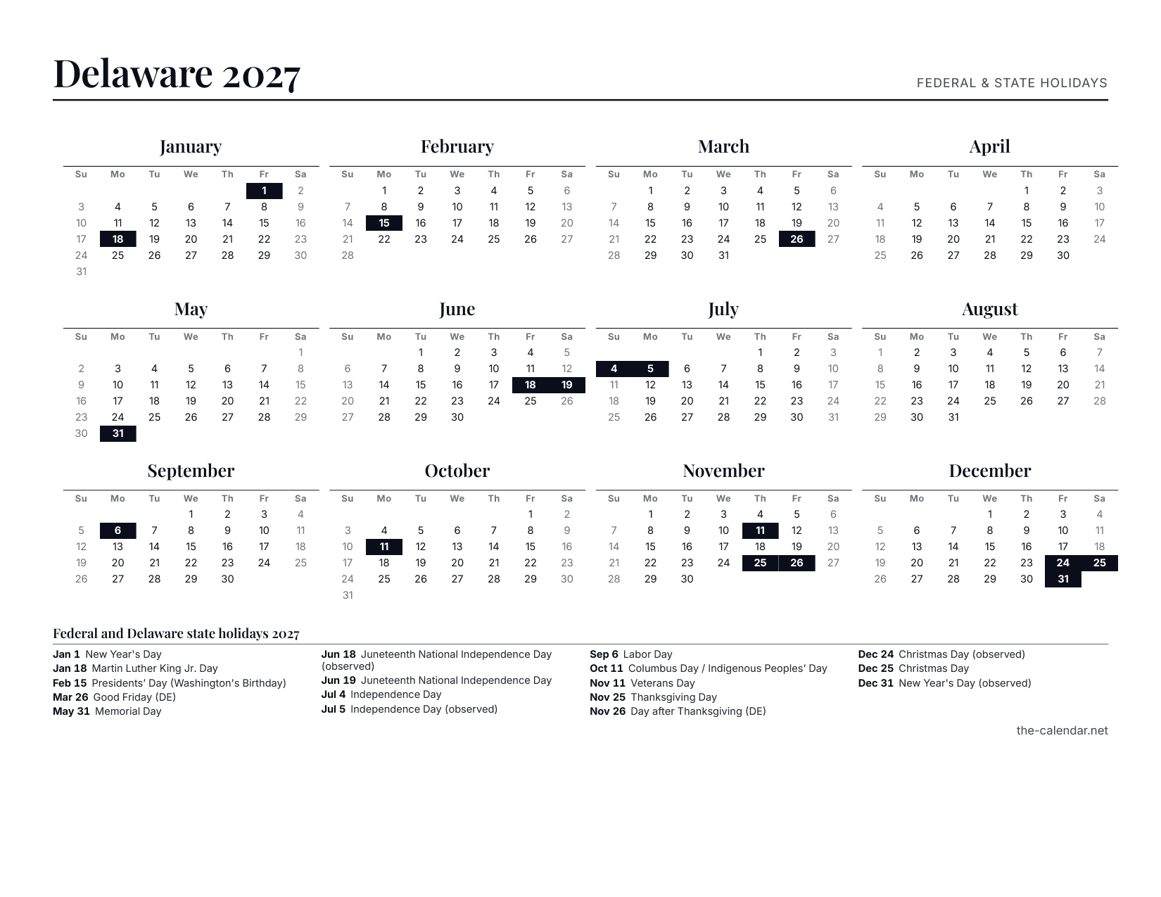 Preview of the Delaware 2027 calendar PDF: twelve month grids with federal and state holidays marked, US Letter landscape