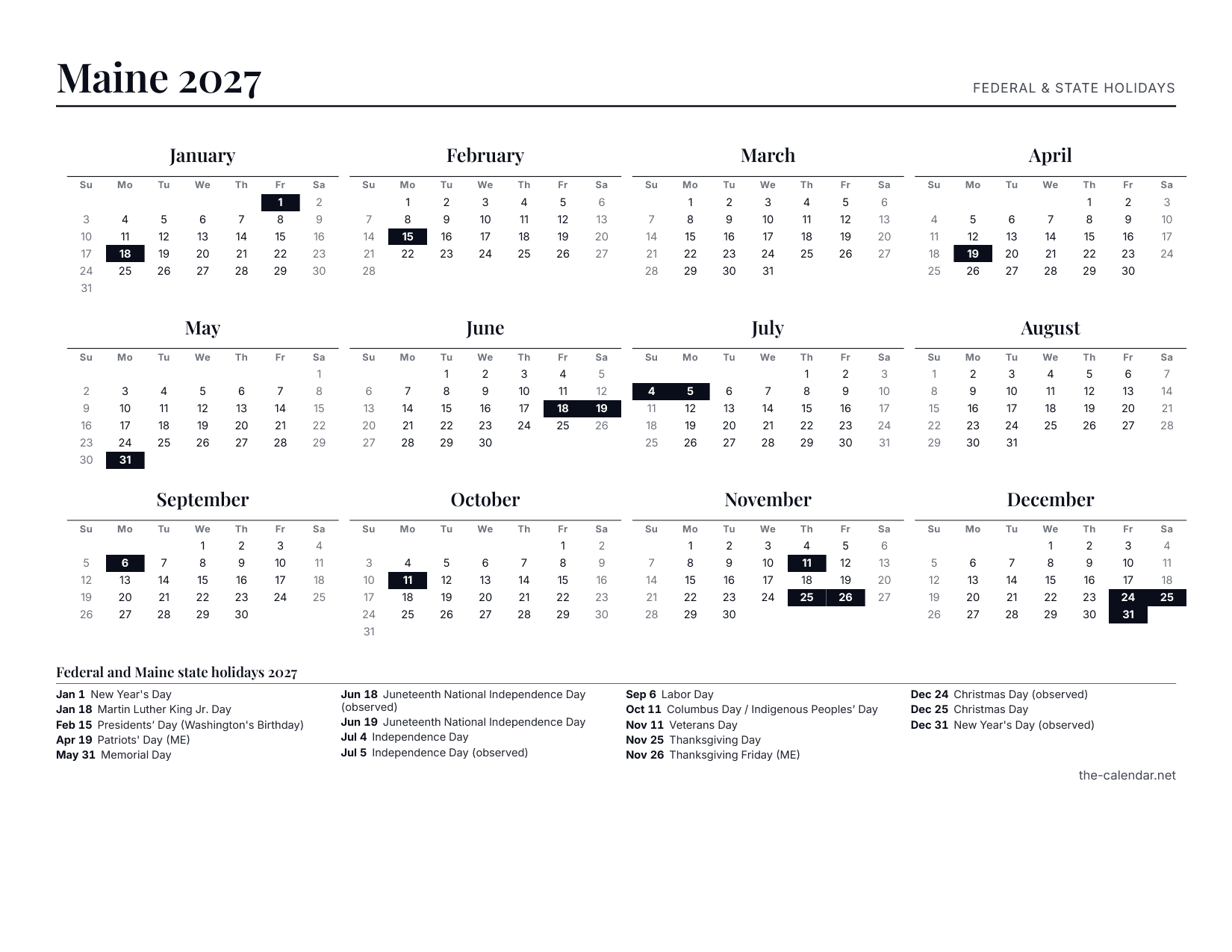 Preview of the Maine 2027 calendar PDF: twelve month grids with federal and state holidays marked, US Letter landscape
