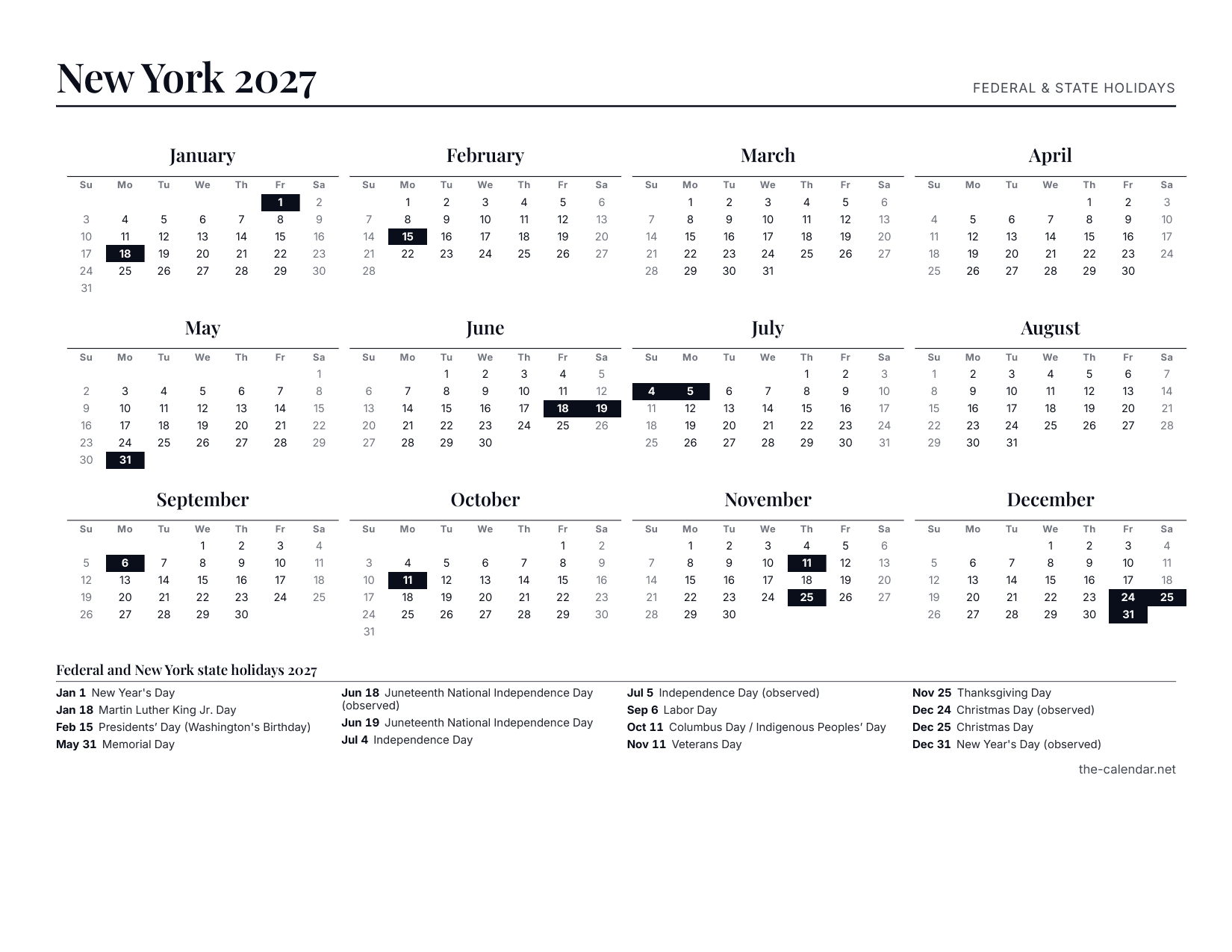 Preview of the New York 2027 calendar PDF: twelve month grids with federal and state holidays marked, US Letter landscape