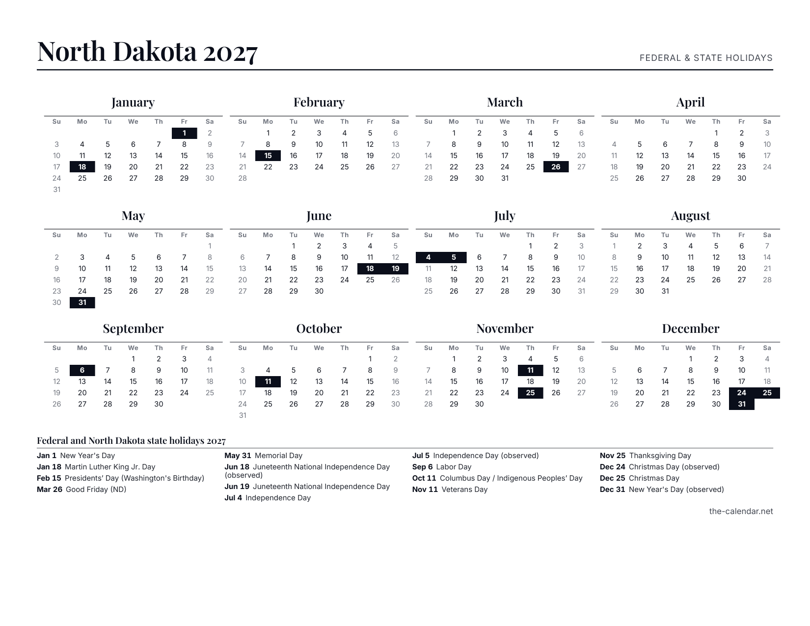 Preview of the North Dakota 2027 calendar PDF: twelve month grids with federal and state holidays marked, US Letter landscape
