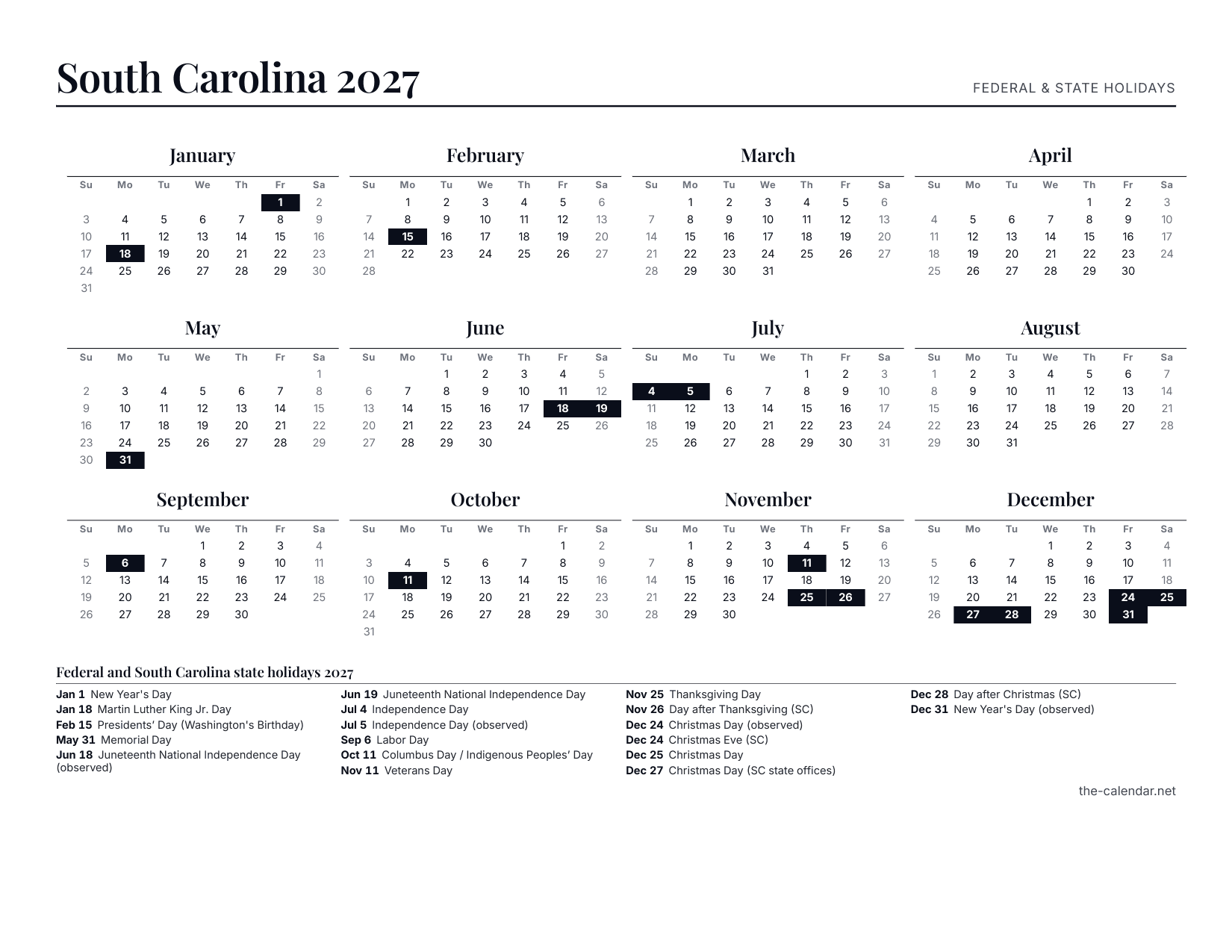 Preview of the South Carolina 2027 calendar PDF: twelve month grids with federal and state holidays marked, US Letter landscape
