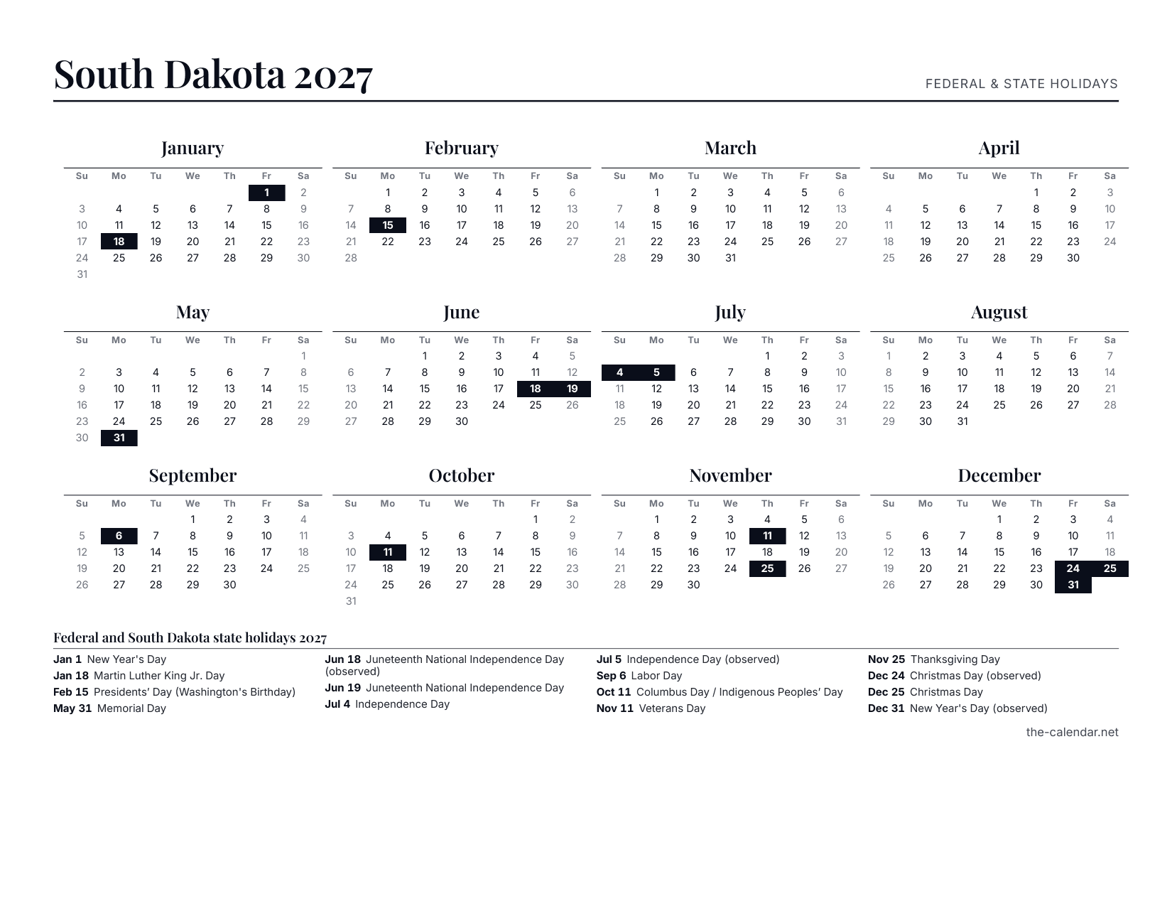 Preview of the South Dakota 2027 calendar PDF: twelve month grids with federal and state holidays marked, US Letter landscape